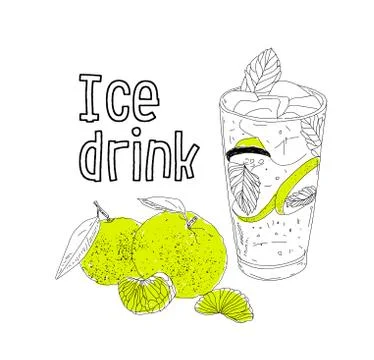 Hand drawn vector summer ice drink with cittrus. Lemon and mint. Detox water Stock Illustration