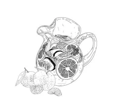 Hand drawn vector summer ice drink with cittrus. Lemon and mint. Detox water Stock Illustration