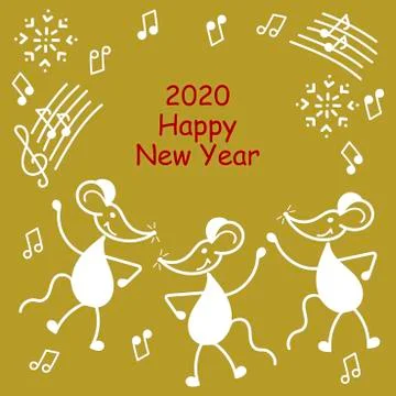Hand drawn vector symbol 2020 year. Fun little mice are dancing, music. Place Stock Illustration