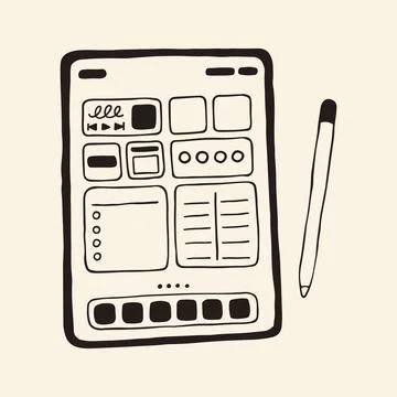 Hand drawn vector tablet with a stylus. Minimalist line art illustration of a Stock Illustration