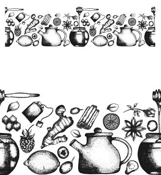 Hand drawn vector tea herbs seamless border Illustration. Detailed retro st.. Stock Illustration