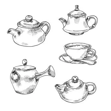 Hand drawn vector tea pot set 스톡 일러스트