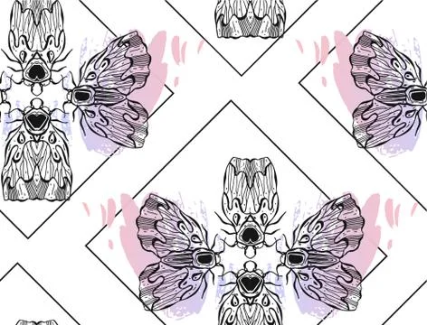 Hand drawn vector textured lined ink graphic moth and butterfly seamless pattern Stock Illustration