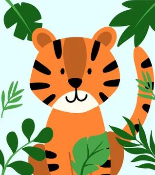 Hand drawn vector tiger in frame of tropical leaves. Cute illustration Stock Illustration
