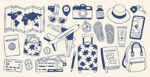 Hand drawn vector travel set in Mediterranean style. Blue minimalist doodles of Stock Illustration