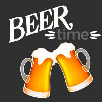 Hand drawn vector of two light beer mugs cheers and beer time lettering Stock Illustration