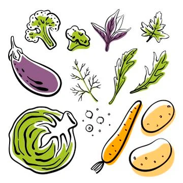 Hand drawn vector vegetable icons. Eggplant, broccoli, cabbage...  Stock Illustration