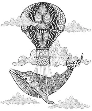 Hand drawn vector Whale flying with artistic air balloon in clou 스톡 일러스트