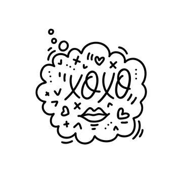 Hand drawn vector word xoxo in speech bubble with elements. One color lette.. Stock Illustration
