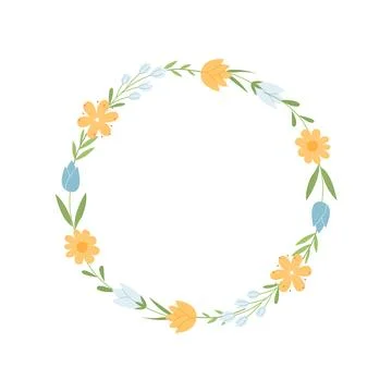 Hand drawn vector wreath with cute spring wildflowers and branches Stock Illustration