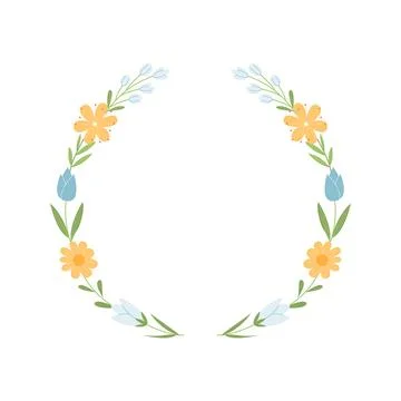 Hand drawn vector wreath with cute spring wildflowers and branches. Floral .. Stock Illustration