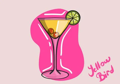 Hand drawn Vector Yellow Bird Cocktail Glass with lime and cherry. Alcohol drink Stock Illustration