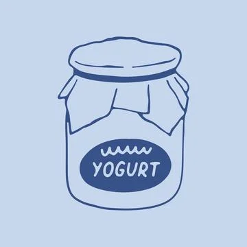 Hand drawn vector of a yogurt glass jar with a metal lid and a cloth cover tied Stock Illustration