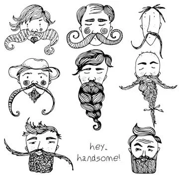 Hand Drawn vector zen Beard Set with funny faces and text hey, handsome Stock Illustration