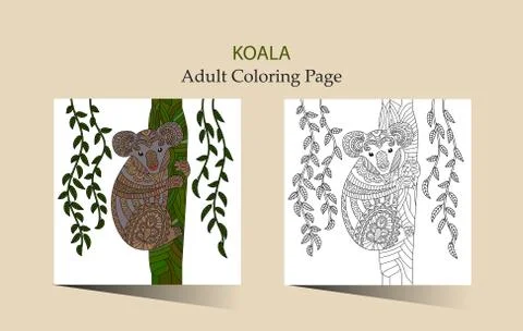Hand drawn vector zentangle coloring page for adults with cute koala Stock Illustration