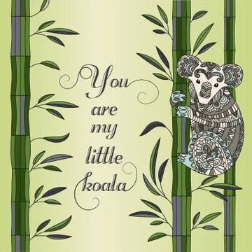 Hand drawn vector zentangle coloring page for adults with cute koala Stock Illustration