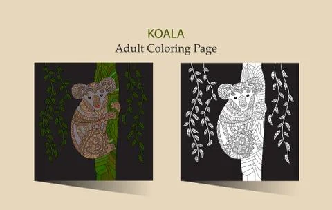 Hand drawn vector zentangle coloring page for adults with cute koala Stock Illustration