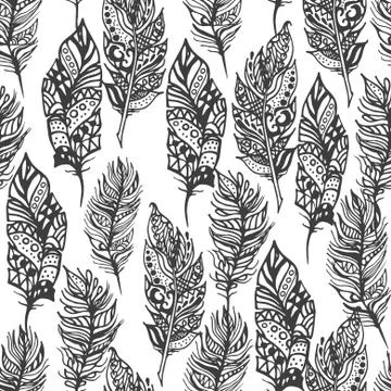 Hand drawn vector zentangle doodle black feathers seamless pattern on white Illustrazione stock