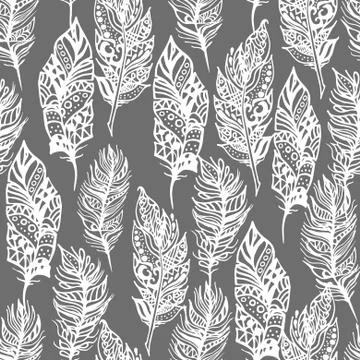 Hand drawn vector zentangle doodle white feathers seamless pattern on grey Stock Illustration