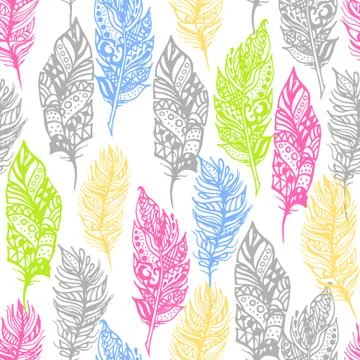 Hand drawn vector zentangle doodle neon colors feathers seamless pattern on Illustrazione stock