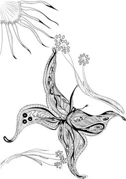 Hand drawn vector zentangle flying of butterfly with flowers and sun.  Stock Illustration