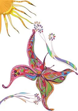 Hand drawn vector zentangle flying of butterfly with flowers and sun Stock Illustration