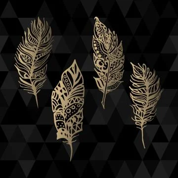 Hand drawn vector zentangle gold feathers set on black triangle geometric 스톡 일러스트