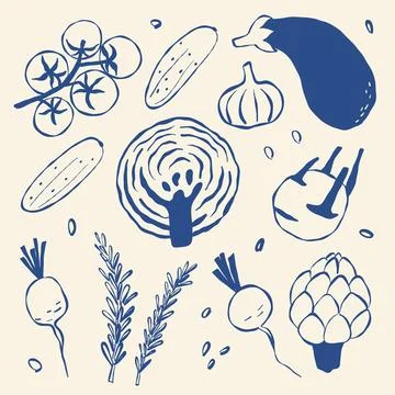 Hand-drawn vegetable set in blue ink on cream background Stock-Illustration