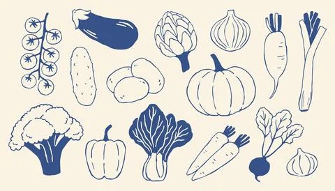 Hand drawn vegetable vector set in minimalist Mediterranean style. Organic food Stock Illustration
