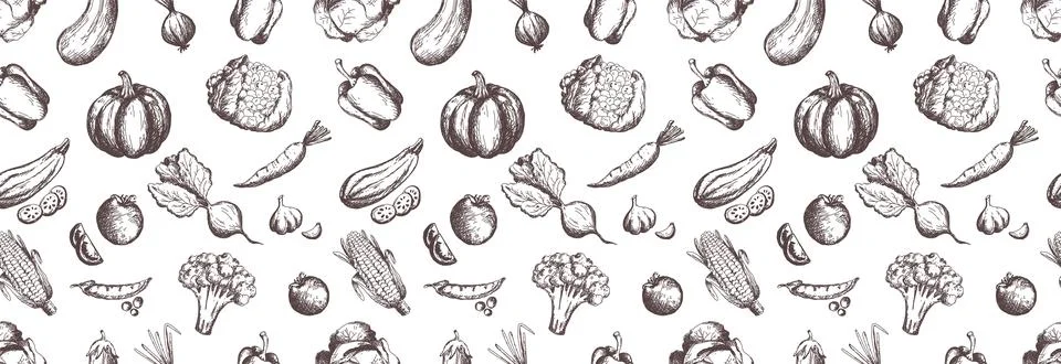 Hand drawn vegetables seamless pattern. Vegan food background in sketch style Stock Illustration