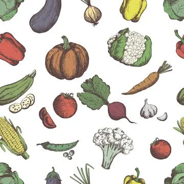 Hand drawn vegetables seamless pattern. Vegan food background in sketch style Stock Illustration