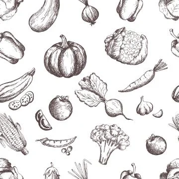 Hand drawn vegetables seamless pattern. Vegan food background in sketch style Stock Illustration