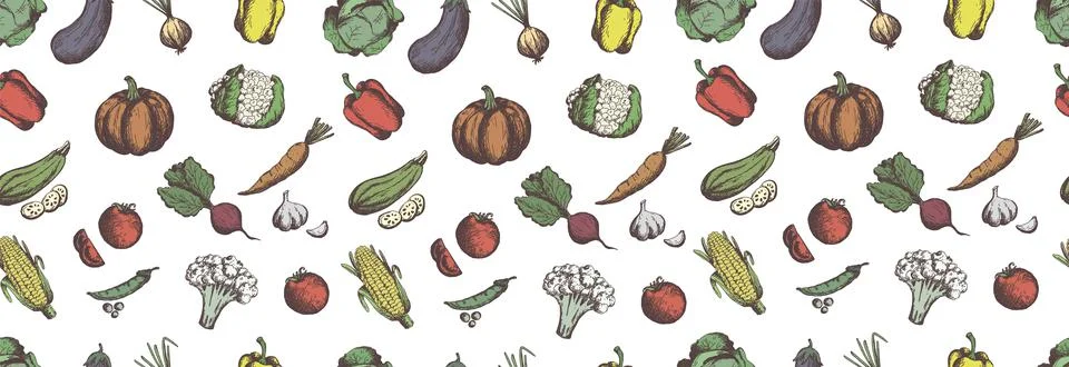 Hand drawn vegetables seamless pattern. Vegan food background in sketch style Stock Illustration