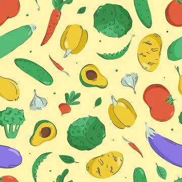 Hand drawn vegetables seamless pattern. Vector illustration. Colorful and min 스톡 일러스트
