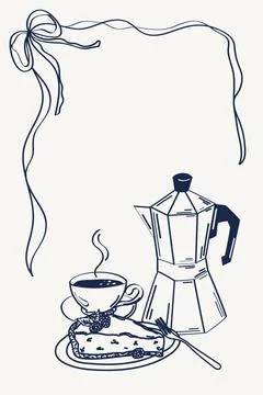 Hand drawn ventage vector illustration in pencil sketch style with coffee, cake Stock Illustration