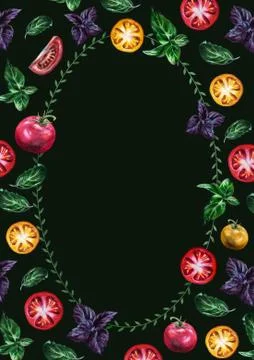 Hand-drawn vertical oval frame ornament: Italian tomatoes and basil vegetable Stock Illustration