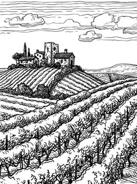Hand drawn vineyard landscape. Stock Illustration