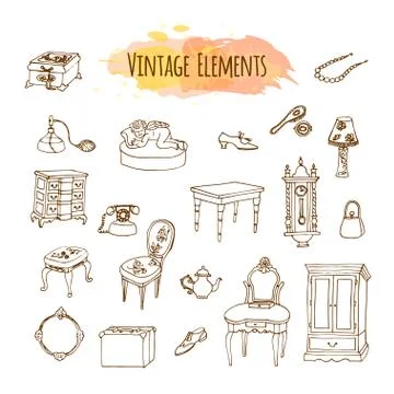 Hand drawn vintage elements. Antique furniture illustration Stock Illustration