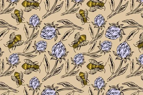 Hand drawn vintage floral elements clover and bee pattern Stock Illustration