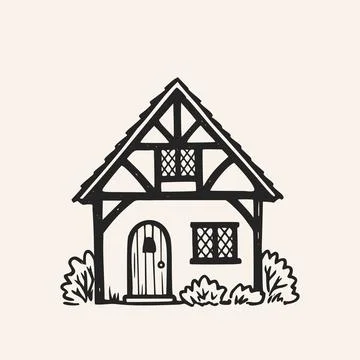 Hand-drawn vintage half-timbered cottage sketch in black ink Ilustración de archivo