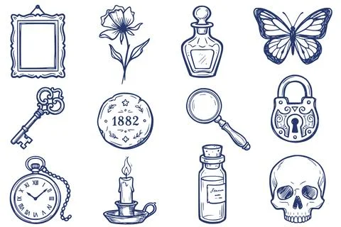 Hand-drawn vintage objects icon set in blue sketch style Stock Illustration