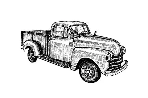 Hand drawn vintage retro oldtimer car pickup Stock Illustration