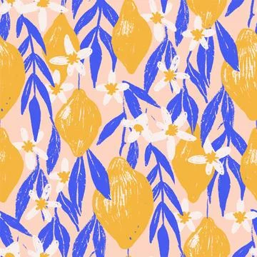 Hand drawn vintage seamless pattern with lemons, flowers and leaves in pink Stock Illustration