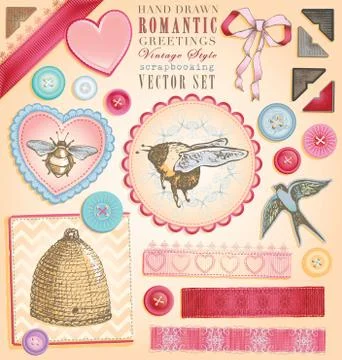 Hand Drawn Vintage Style Romantic Elements Vector Set Stock Illustration