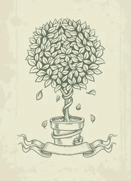 Hand drawn vintage tree with falling leaves Stock Illustration