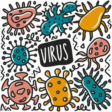 Hand drawn virus doodle set Stock Illustration
