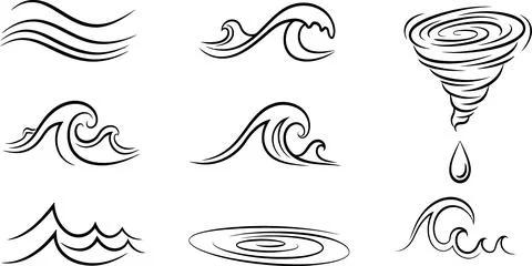 Hand-drawn Water Elements Collection: Waves, Swirl, Drop, Ripple Stock Illustration