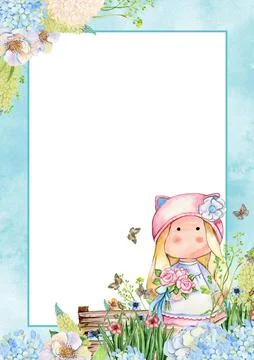 Hand drawn watercolor border template with flowers and Tilda. Illustration of Illustrazione stock