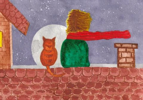 Hand drawn Watercolor. Child together with cat on roof at windy moon night  Stock Illustration