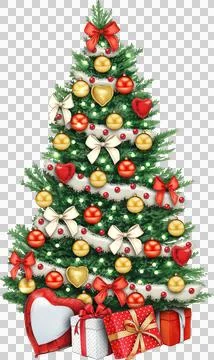 Hand drawn watercolor christmas tree red white and gold Stock Illustration